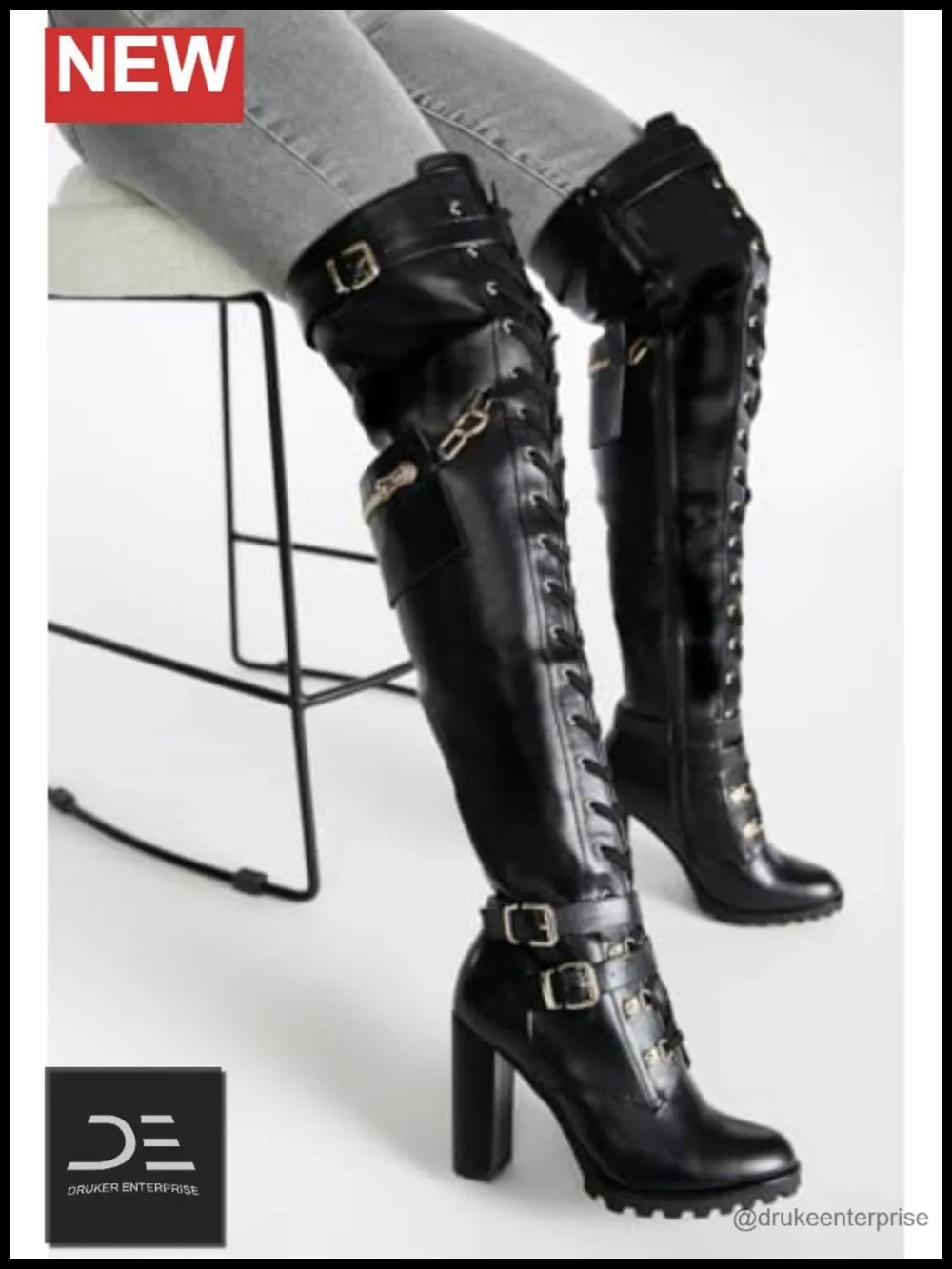 Chunky Block Heel Over the Knee Boots Lace Up Combat Riding Boots Side Zipper